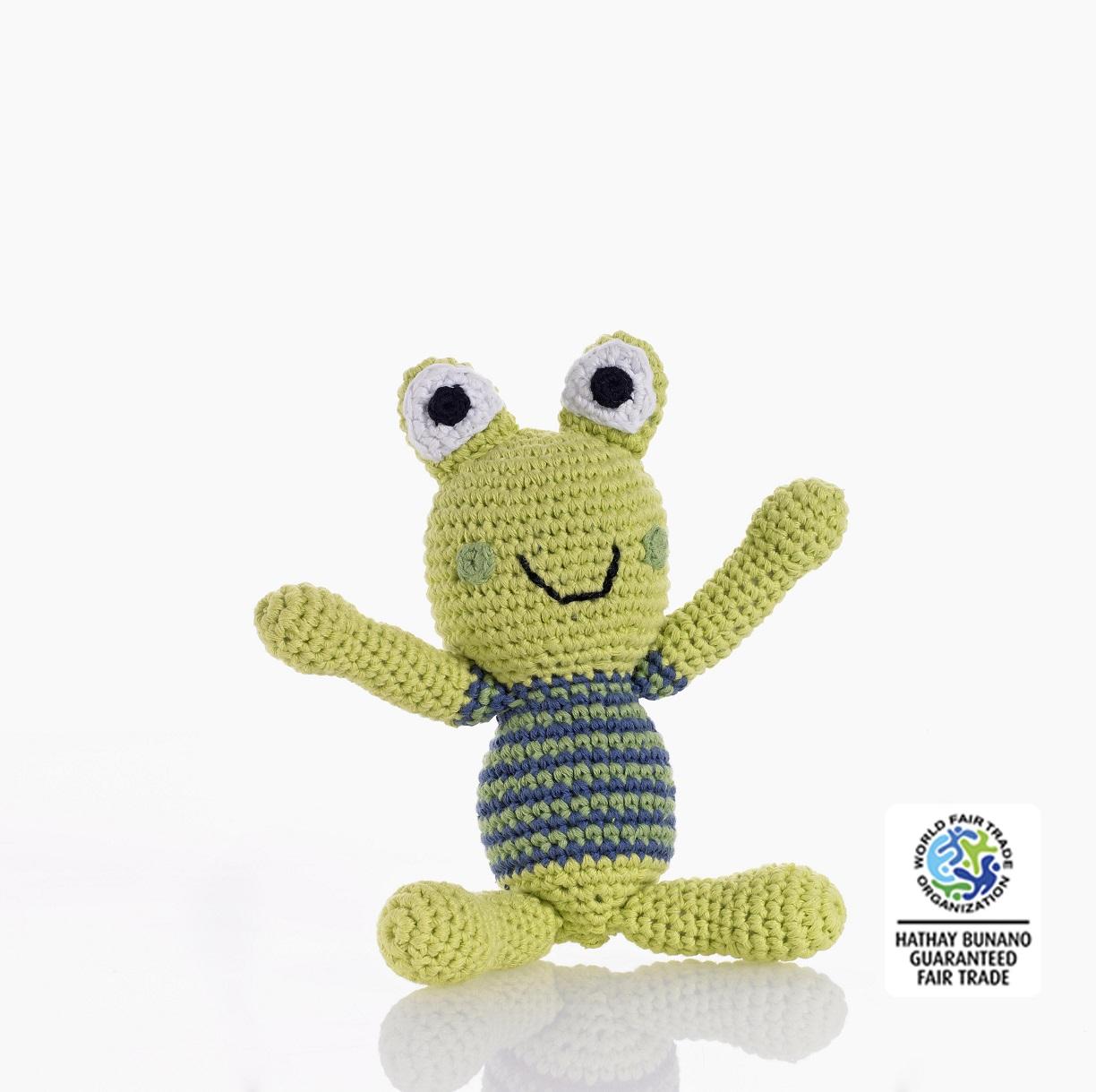 Crochet cotton frog boy baby rattle in stripe jumper